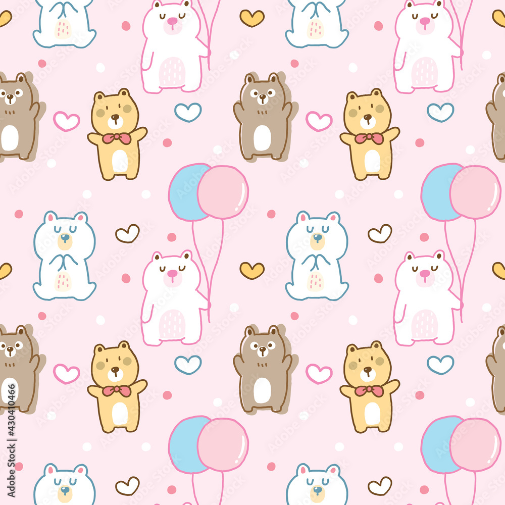 Seamless Pattern of Cartoon Bear and Heart Design on Light Pink Background
