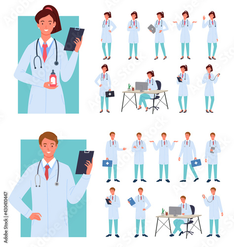 Male female doctors poses set, young woman man in hospital uniform standing, working
