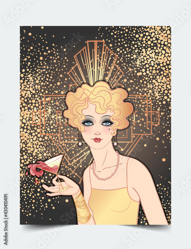 Art Deco vintage illustration of flapper girl. Retro party character in 1920 s style. Vector design for glamour event or jazz party.