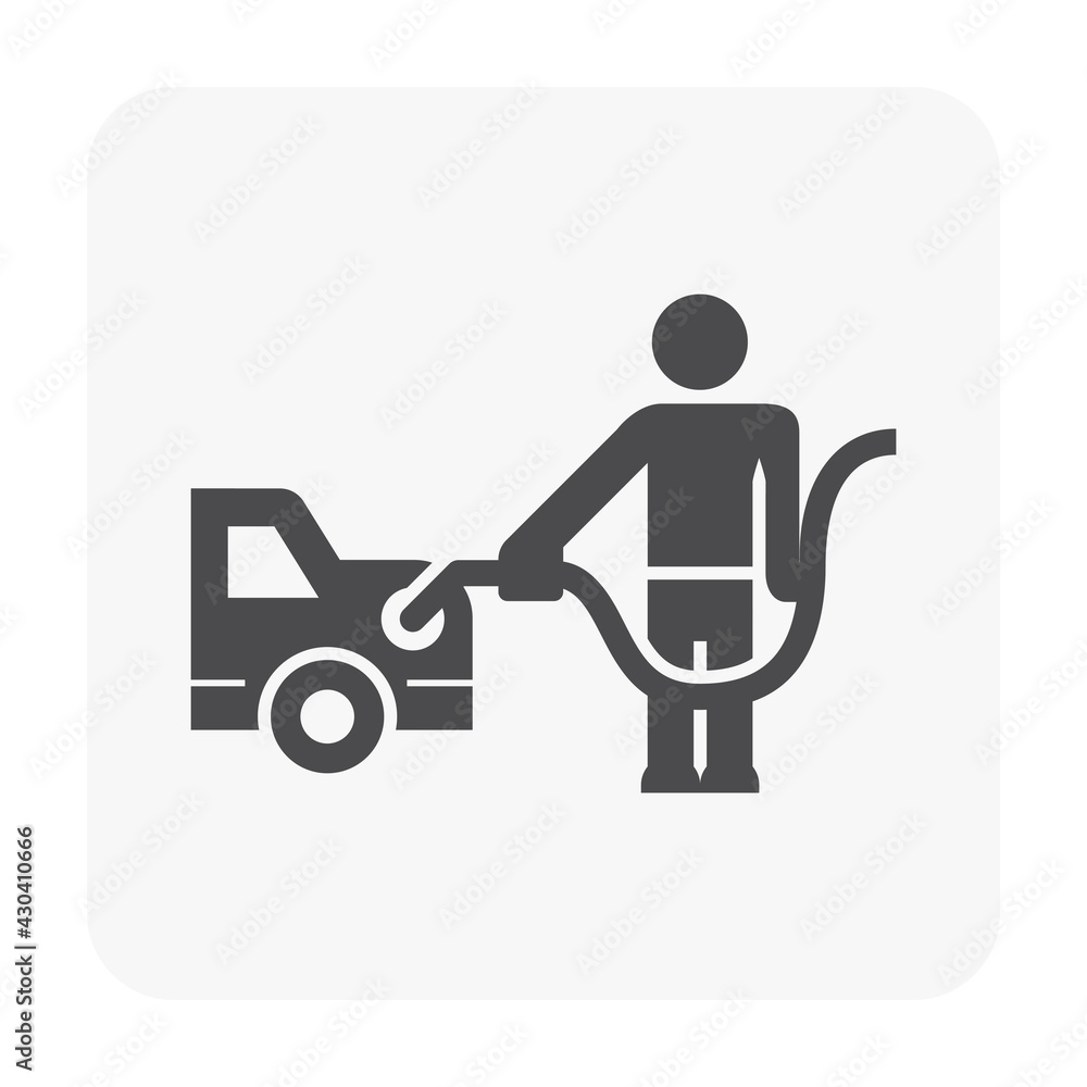 Man worker character vector ico. Human cartoon, person or attendant hold dispenser for refueling service of power energy or petroleum product i.e. oil, gasoline, benzine to car, automobile or vehicle.