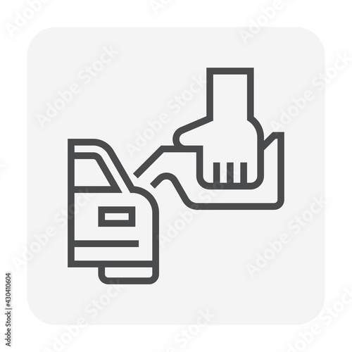 Refueling service of petroleum product vector icon. Include hand worker character. That human cartoon, person or attendant to hold dispenser for fill oil, gasoline, benzine to car, automobile, vehicle