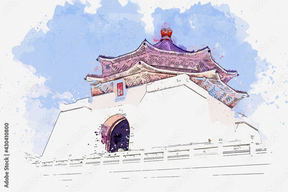 Obraz premium Watercolor drawing picture landscape view of Chiang Kai-shek memorial at Taipei Taiwan.