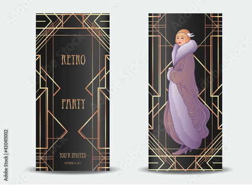 Art Deco vintage illustration of flapper girl. Retro party character in 1920 s style. Vector design for glamour event or jazz party.