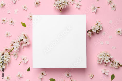 Composition with spring tree blossoms and paper card on pink background, flat lay. Space for text