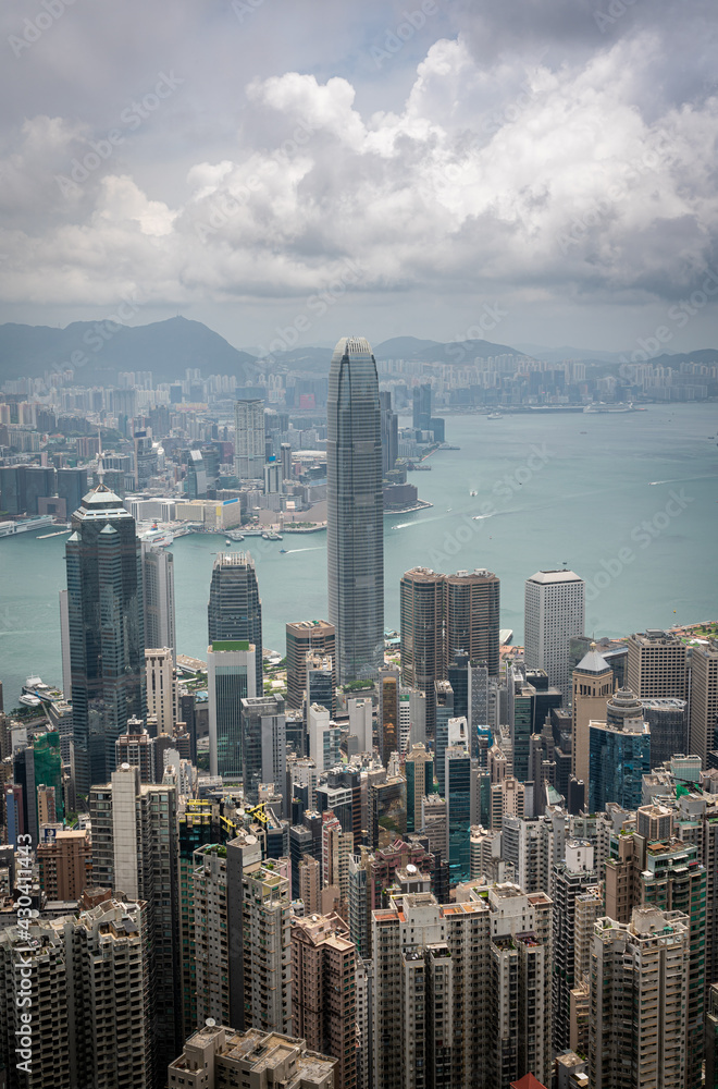 Hong Kong financial district skyline in a beautiful day from Victoria peak