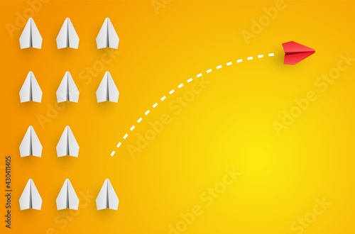 Individuality concept. Individual and unique leader red paper plane flies to the side. Vector