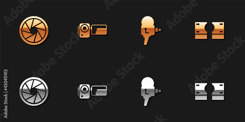 Set Camera shutter, Cinema camera, Retro cinema and Stacks paper money cash icon. Vector