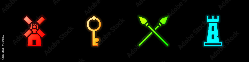 Set Windmill, Old key, Crossed medieval spears and Castle tower icon. Vector