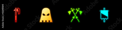 Set Medieval axe, Executioner mask, Crossed medieval axes and flag icon. Vector