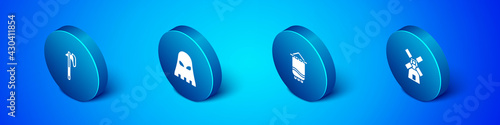 Set Isometric Medieval axe, flag, Windmill and Executioner mask icon. Vector