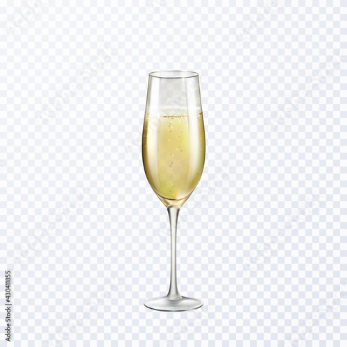 Champagne or golden wine glass isolated on transparent background. Vector greating Happy New Year alcohol toasting wineglass. 3d festive wedding event element with drink