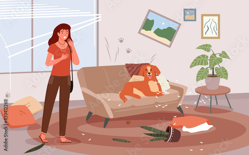 Problem of pet dog owner vector illustration. Cartoon upset woman scolding dog for mess and damaged furniture, frustrated female character about bad behaviour of domestic doggy puppy animal background