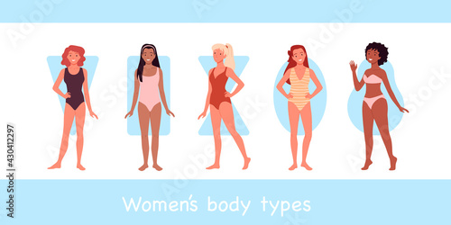 Female model body type, young happy women in underwear swimsuits standing together