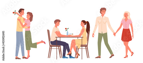 Cartoon happy loving pairs of men women characters sitting at table in cafe together and holding hands, romantic datings and love scenes isolated set. Couple people meet on date vector illustration.