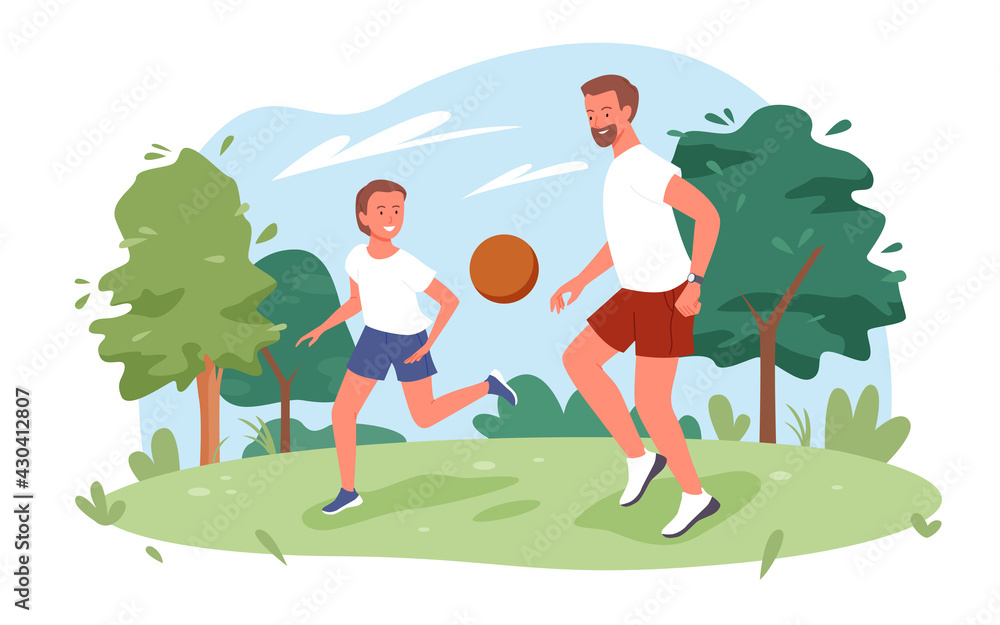Family people play ball in city nature summer park, father and son playing fun sport game Family people play ball in city nature summer park, father and son playing fun sport game
