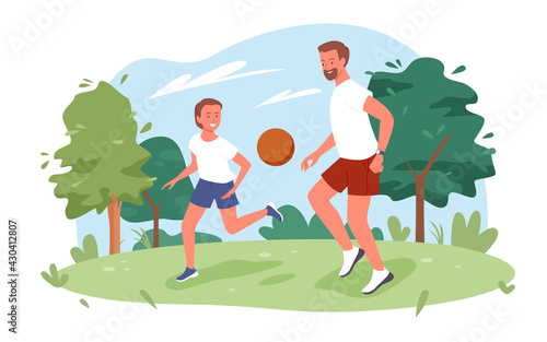 Family people play ball in city nature summer park, father and son playing fun sport game