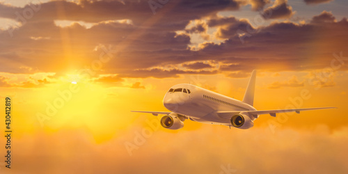 White passenger airplane is flying in the sky with multicolored clouds at sunset. 3D rendering illustration.