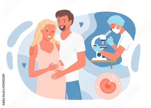 In vitro fertilization with parents people, pregnant wife standing together with husband