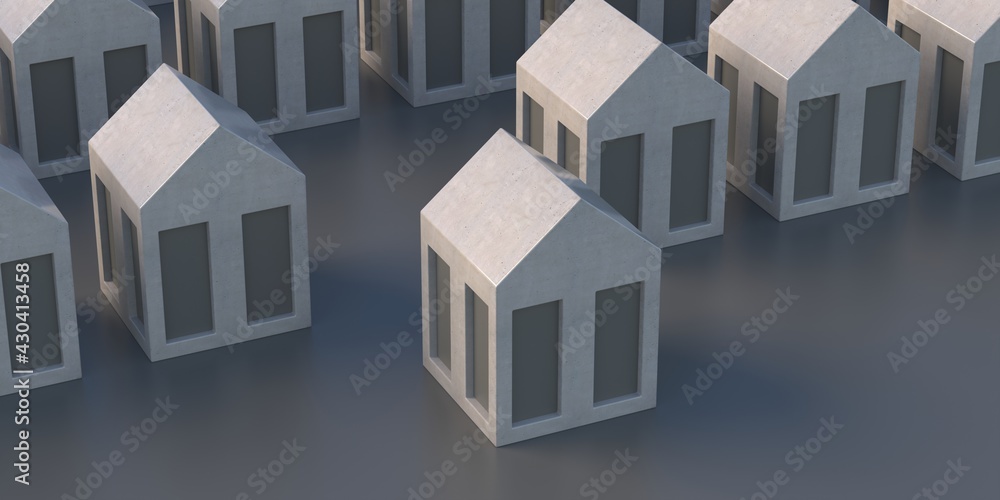 Fototapeta premium House selection, choice, Houses gray color background, one house ahead, 3d illustration