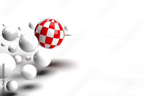 3D Illustration als abstrakter Hintergrund im Stil des Vaporwave der 1990er Jahre mit weißen Kugeln isoliert auf weißem Hintergrund mit rotweißem Ball