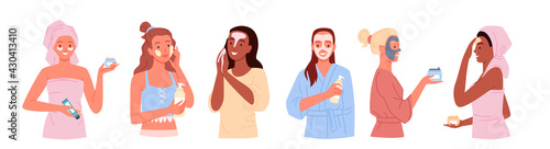 Cartoon young happy beautiful woman characters care for facial skin with patches, cream and moisturizing masks isolated on white. Beauty skincare with natural eco cosmetics vector illustration set.