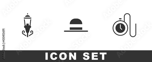 Set Vintage street light, Elegant women hat and Watch with chain icon. Vector