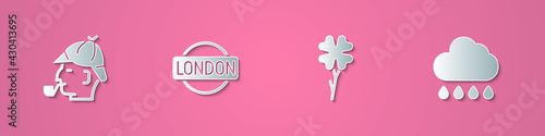 Set paper cut Sherlock Holmes, London sign, Four leaf clover and Cloud with rain icon. Paper art style. Vector