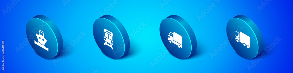 Set Isometric Cargo ship, Delivery cargo truck, and Train and railway icon. Vector Set Isometric Cargo ship, Delivery cargo truck, and Train and railway icon. Vector