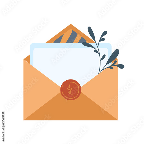 Envelope with sealing wax, twig, empty paper sheet in flat style isolated on a white background. Vector template for letter or invitation card. Symbol of postal message, post mail, email, document