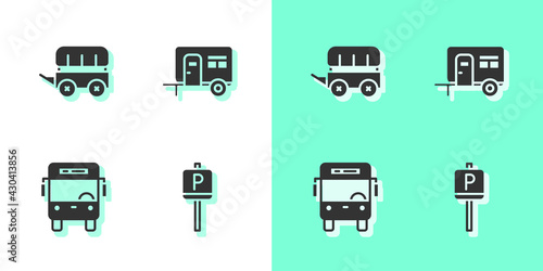 Set Parking, Wild west covered wagon, Bus and Rv Camping trailer icon. Vector