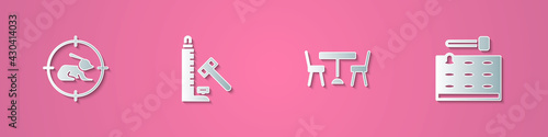 Set paper cut Hunt on rabbit with crosshairs, Striker attraction hammer, Picnic table chairs and Arcade game machine icon. Paper art style. Vector