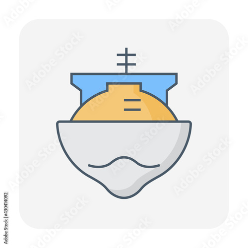 LNG carrier vector icon. Tanker ship with cryogenic tank, vessel. For storage and transport liquefied natural gas. That fuel energy mixture of methane, ethane. For industry, business, trade, export.