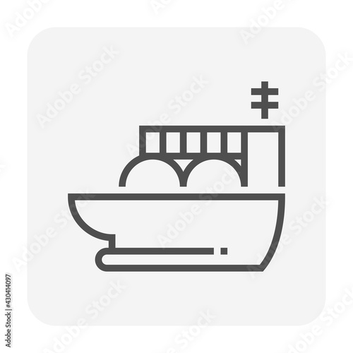 LNG carrier vector icon. Tanker ship with cryogenic tank, vessel. For storage and transport liquefied natural gas. That fuel energy mixture of methane, ethane. For industry, business, trade, export.