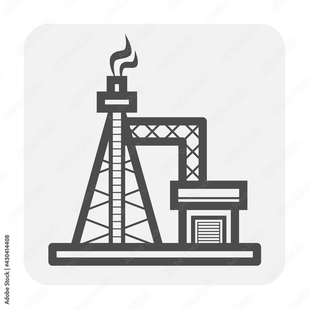 Gas flare or flare stack vector icon. Torch device with fire flame, burner, tower for burning gas from petroleum refinery in factory, petrochemical plant and offshore rig. That power energy industry. Gas flare or flare stack vector icon. Torch device with fire flame, burner, tower for burning gas from petroleum refinery in factory, petrochemical plant and offshore rig. That power energy industry.
