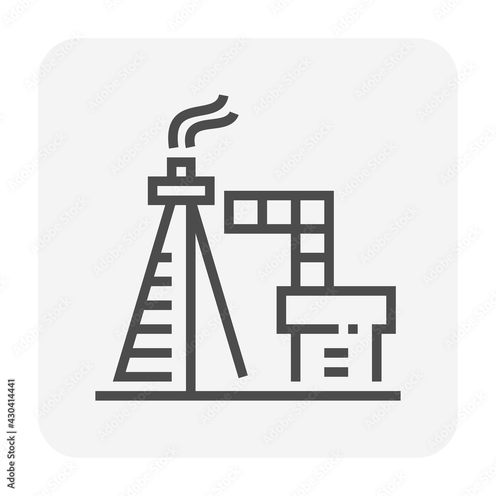 Gas flare or flare stack vector icon. Torch device with fire flame, burner, tower for burning gas from petroleum refinery in factory, petrochemical plant and offshore rig. That power energy industry. Gas flare or flare stack vector icon. Torch device with fire flame, burner, tower for burning gas from petroleum refinery in factory, petrochemical plant and offshore rig. That power energy industry.
