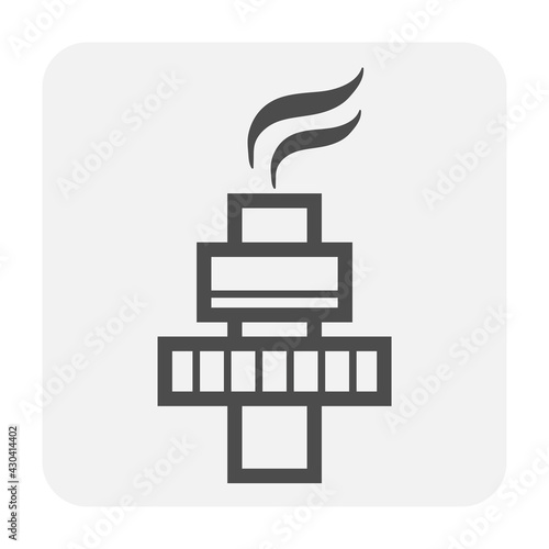 Gas flare or flare stack vector icon. Torch device with fire flame, burner, tower for burning gas from petroleum refinery in factory, petrochemical plant and offshore rig. That power energy industry.