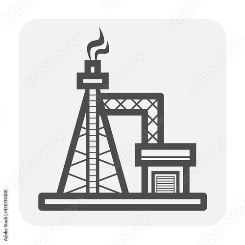 Gas flare or flare stack vector icon. Torch device with fire flame, burner, tower for burning gas from petroleum refinery in factory, petrochemical plant and offshore rig. That power energy industry.
