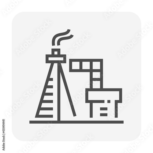 Gas flare or flare stack vector icon. Torch device with fire flame, burner, tower for burning gas from petroleum refinery in factory, petrochemical plant and offshore rig. That power energy industry.