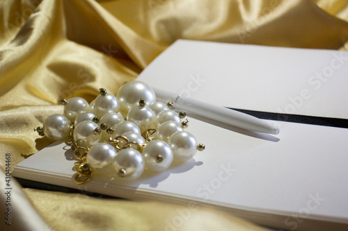 Blank notebook with pen on yellow silk pearl atmosphere of thought interior for blog