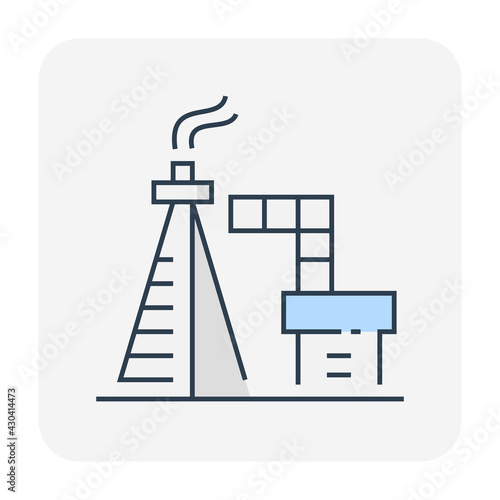 Gas flare or flare stack vector icon. Torch device with fire flame, burner, tower for burning gas from petroleum refinery in factory, petrochemical plant and offshore rig. That power energy industry.