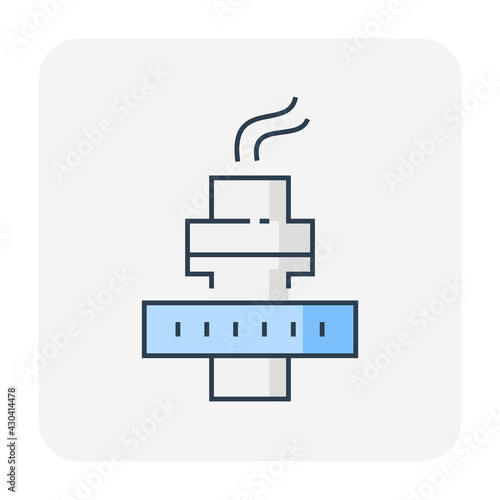 Gas flare or flare stack vector icon. Torch device with fire flame, burner, tower for burning gas from petroleum refinery in factory, petrochemical plant and offshore rig. That power energy industry.