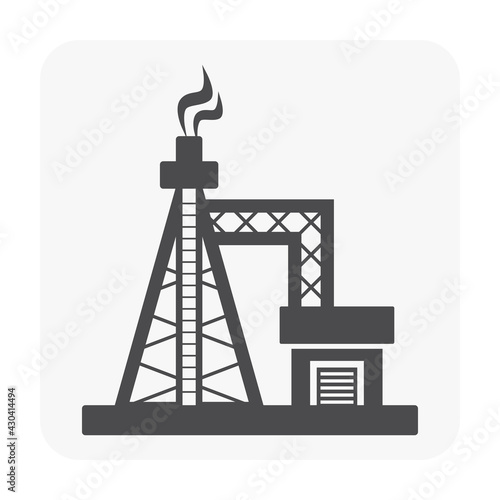 Gas flare or flare stack vector icon. Torch device with fire flame, burner, tower for burning gas from petroleum refinery in factory, petrochemical plant and offshore rig. That power energy industry.