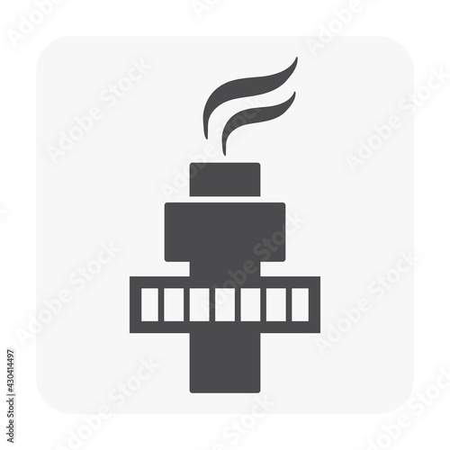 Gas flare or flare stack vector icon. Torch device with fire flame, burner, tower for burning gas from petroleum refinery in factory, petrochemical plant and offshore rig. That power energy industry.
