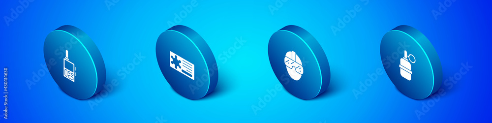 Set Isometric Walkie talkie, Special forces soldier, Hand grenade and Police badge icon. Vector Set Isometric Walkie talkie, Special forces soldier, Hand grenade and Police badge icon. Vector