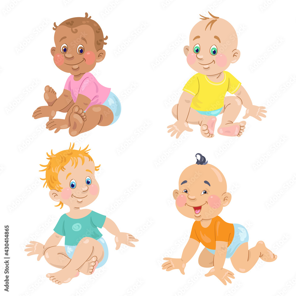 Four cute babies. Happy children of different nations. In cartoon style. Isolated on white background. Vector illustration Four cute babies. Happy children of different nations. In cartoon style. Isolated on white background. Vector illustration