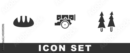 Set Bread loaf, Cannon and Christmas tree icon. Vector