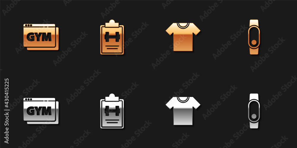 Set Online fitness and training, Sport program, T-shirt and Smartwatch icon. Vector Set Online fitness and training, Sport program, T-shirt and Smartwatch icon. Vector