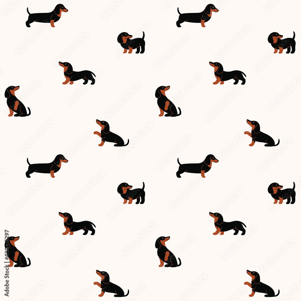 Cartoon happy dachshund - seamless trendy pattern with dogs in various poses. Flat vector illustration for prints, clothing, packaging and postcards.