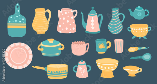Hand drawn textured colorful kitchen cartoon ceramic tableware set vector. 