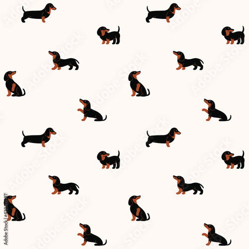 Cartoon happy dachshund - seamless trendy pattern with dogs in various poses. Flat vector illustration for prints, clothing, packaging and postcards.